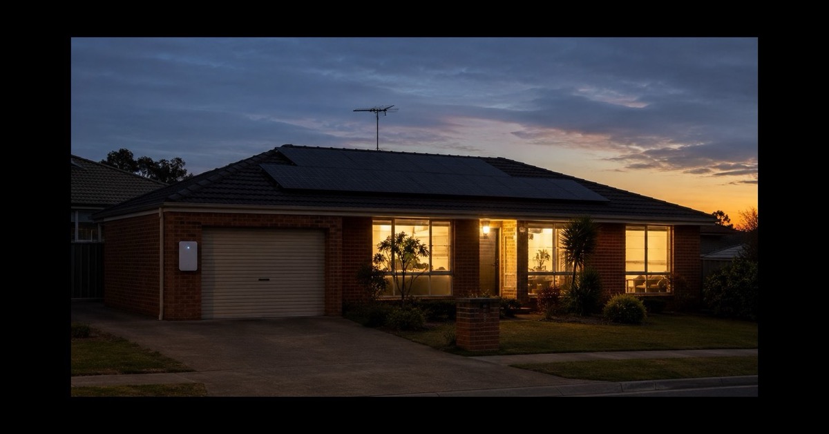 Australian suburban house at dusk with solar panels and interior lights on