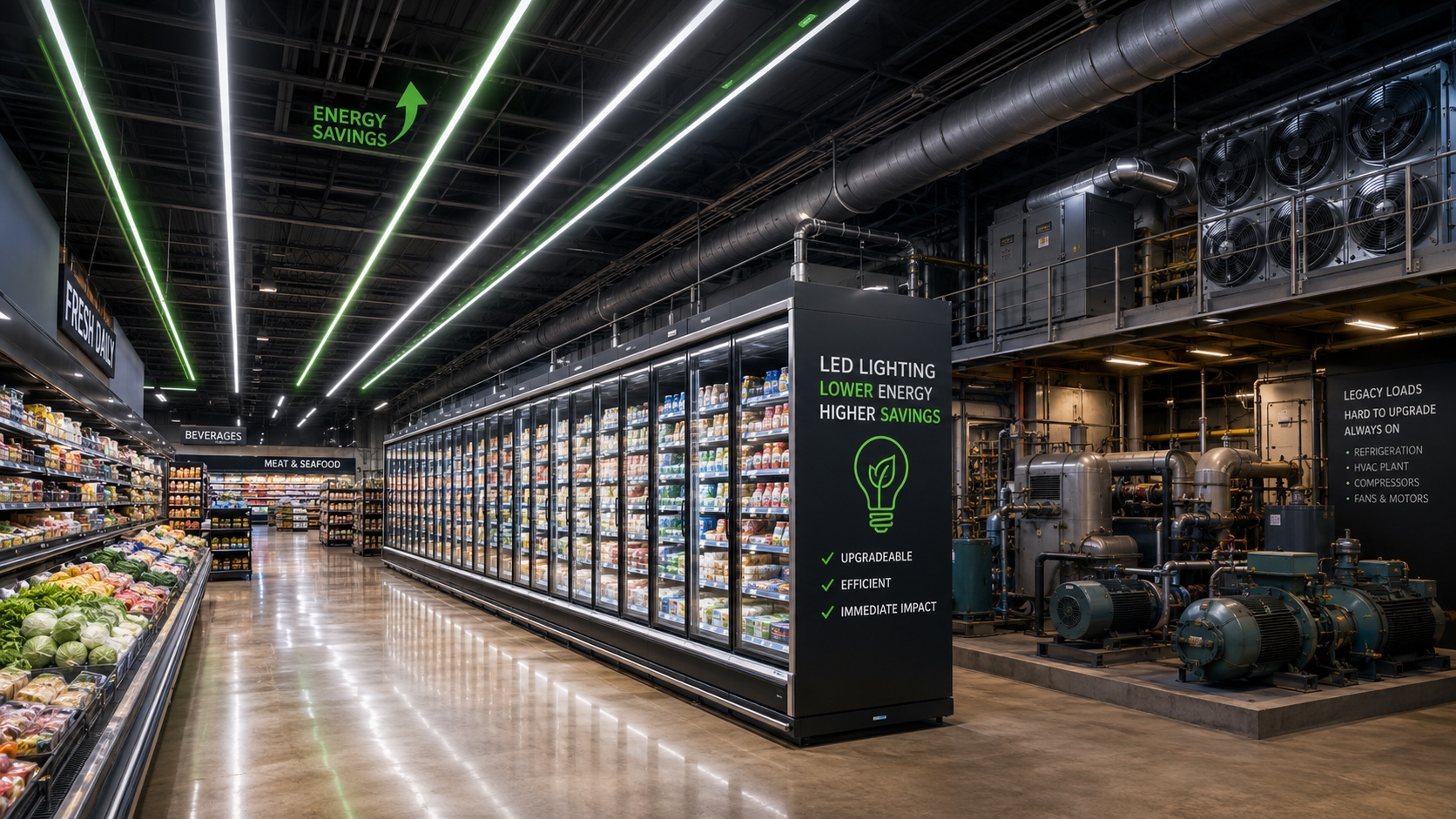 Warehouse worker with forklift under industrial lighting — fixed energy loads vs controllable lighting